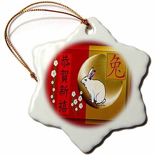 3dRose LLC Happy New Year 3 Hare Chinese 3-Inch Snowflake Porcelain Ornament
