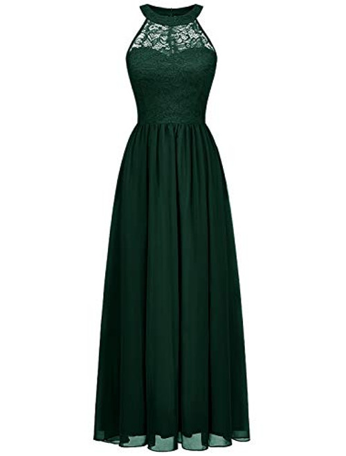 Wedtrend Halter Floral Lace Long Chiffon Bridesmaid Dress Cocktail Party Formal Maxi Dress WT0201DarkGreenL