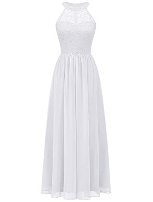 Wedtrend Halter Floral Lace Long Chiffon Bridesmaid Dress Cocktail Party Formal Maxi Dress WT0201WhiteS