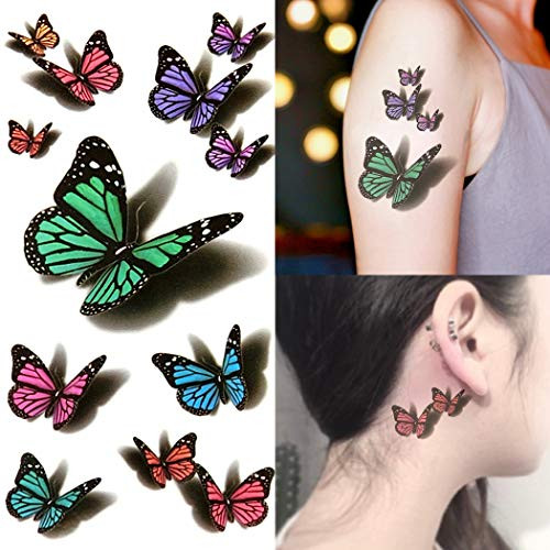 Oottati Small Cute Fake Waterproof Women Temporary Tattoo 3D Green Purple Butterfly 2 Sheets