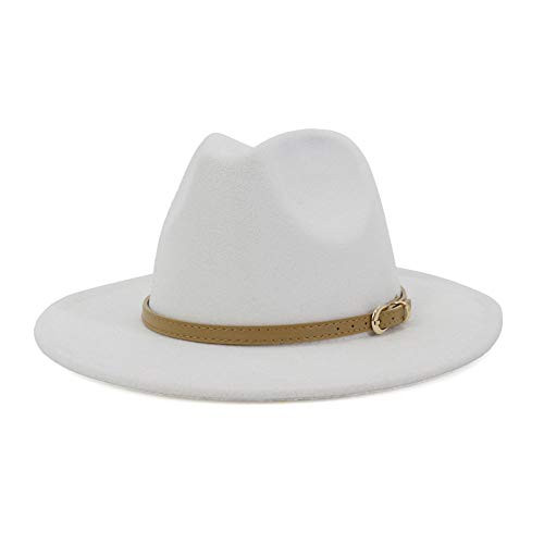 Lisianthus Women Classic Felt Fedora Wide Brim Hat with Belt Buckle White