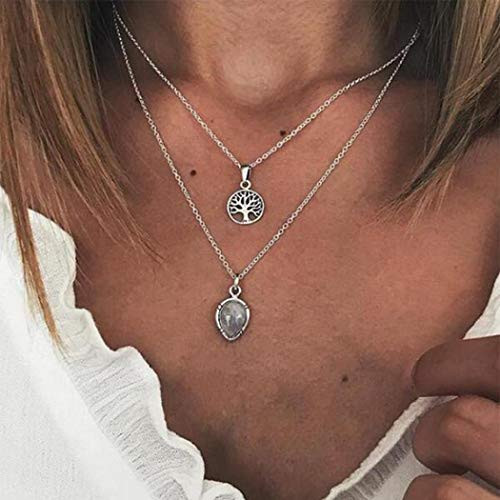 Gorais Boho Layered Necklace Silver Life Tree Pendant Opal Crystal Necklaces Chain Jewelry for Women and Girls