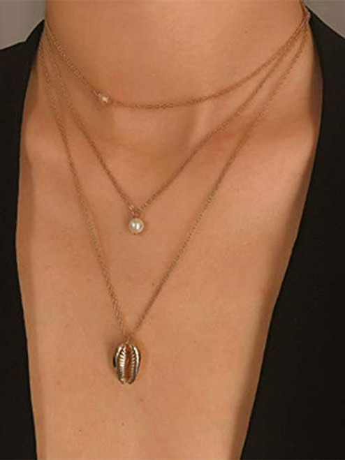 Hermashy Boho Layered Shell Necklace Gold Everyday Pearl Pendant Chain Adjustable Choker Necklaces Dainty Jewelry Gift for Women Girls Style A