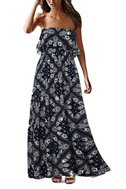 Yidarton Women Summer Blue and White Porcelain Strapless Boho Maxi Long Dress Medium ANavy Blue