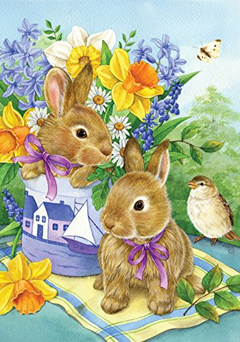 Toland Home Garden Bunny Bouquet 28 x 40 Inch Decorative Spring Easter Daffodil Flower House Flag