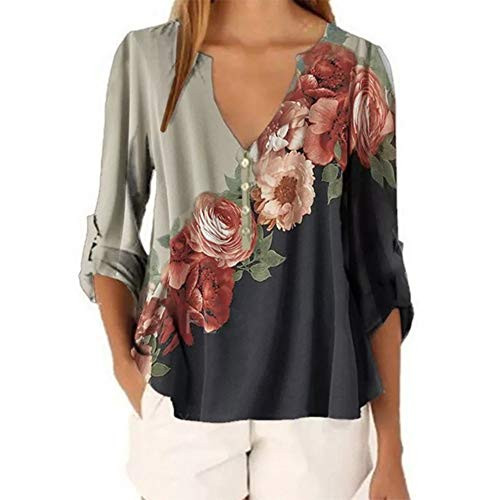 Xuan2Xuan3 Womens V Neck Long Sleeve Flower Tops Blouse Color Block Tunic Button Down Shirt Plus SizeS5XL Gray