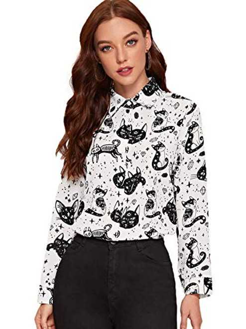 Milumia Womens Casual Cat Print Button Workwear Shirt Stand Collar Long Sleeve Blouse White and Black Medium