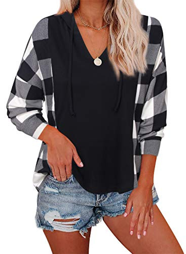 Plus Tunics for Women Youtalia Ladies Blouses Long Sleeve V Neck Tshirts Trendy Drop Shoulder Tops Loose Fit Women Lightweight Hoodie Black White XXLarge