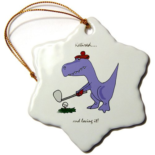 3dRose ORN_203785_1 Funny Retired Blue Trex Dinosaur Playing Golf Snowflake Porcelain Ornament, 3"