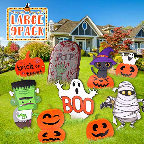 Halloween Yard Sign Stakes for Halloween Decorations Outdoor Pumpkin Skeleton and Ghost Corrugate Trick or Treat Yard Signs with Stakes Halloween Prop Halloween Yard Lawn Party Decorations 9PCS