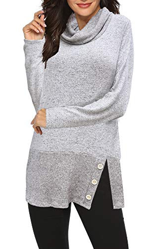 ETCYY Womens Pullover Sweatshirt Casual Long Sleeve Button Cowl Neck Tunic Tops Gray