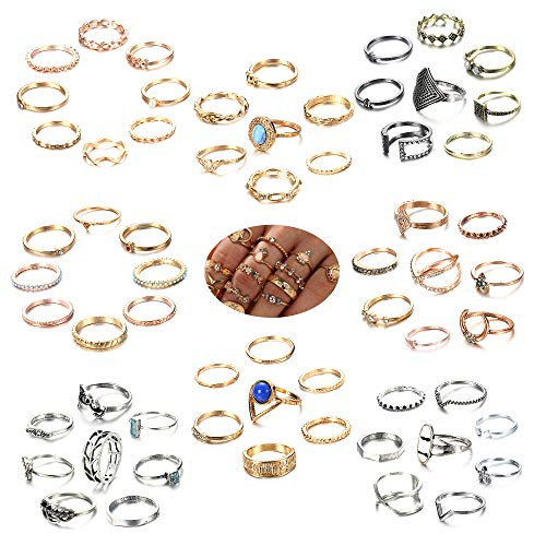 SAILIMUE 62 Pcs Knuckle Rings for Women Stackable Bohemian Retro Vintage Joint Finger Rings Set Midi Finger Stacking Hollow Carved Rings Gold Silver