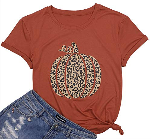 Leopard Pumpkin Shirts Women Halloween Thanksgiving TShirts Funny Cute Graphic Tee Fall Gift Short Sleeve Tops Red Large