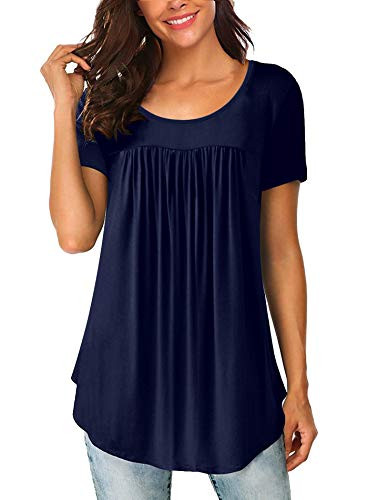 Yidarton Womens Scoop Neck Pleated Blouse Solid Color Tunic Tops ShirtsNavyXXLarge