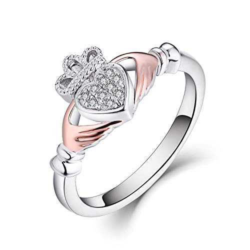 JO WISDOM 925 Sterling Silver Cubic Zirconia Rose Gold Claddagh Heart Promise Ring Size 10