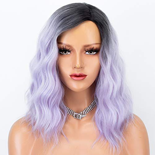 Persephone Cosplay Wavy Bob Wig Light Purple Hair Glueless Ombre Synthetic Wigs for Women Short Hair Replacement Wigs with Dark Roots