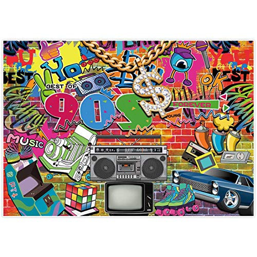 Allenjoy 7x5ft Retro 90s Theme Backdrop Supplies Hip Hop Rock Punk Music Disco Party Decorations for Birthday Prom Vinyl Vintage Graffiti Brick Wall Studio Photography Props Favors Background Banners