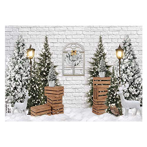Funnytree Christmas Winter Backdrop for Photography Xmas Tree Snow White Brick Wall Background Decoration Banner for Baby Shower Birthday Photo Booth Studio Props 7x5ft