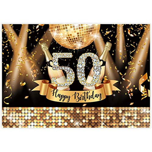 Allenjoy Happy 50th Birthday Party Backdrop Gold Glitter Fifty Years Old Photography Background for Adults Birthday Party Supplies Shiny Disco Diamonds Champagne Decor Banner 7x5ft Photo Booth Props