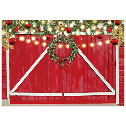 Allenjoy 7x5ft Christmas Barn Door Backdrop Glitter Lights Red and White Rustic Wooden Texture Board Photography Background for Merry Xmas Party Decor Banner Kids Family Portrait Photoshoot Booth Prop