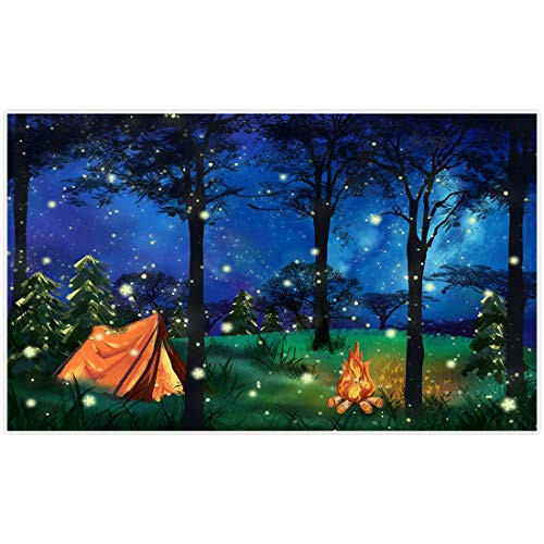 Allenjoy 5x3ft Forest Camping Photography Backdrop Night Star Scenery Tent Campfire Background for Boys Girls Happy Birthday Camping Theme Party Decor Banner Baby Shower Photoshoot Booth Props