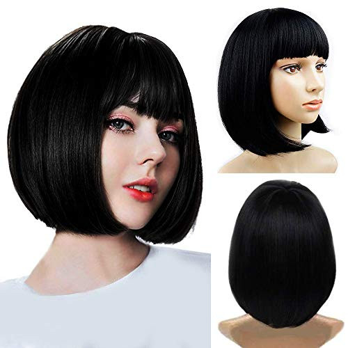 Short Bob Wigs With Straight Bangs 12Inch Short Synthetic Fiber Bob Wigs for Women Short Bob Wigs and Black Color Bob Wig With A Free Wig Cap1B