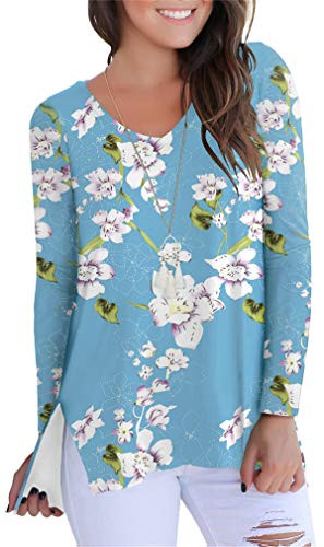 onlypuff V Neck T Shirts Women Long Sleeve Casual Tops Loose Flowy Tunic Blue S