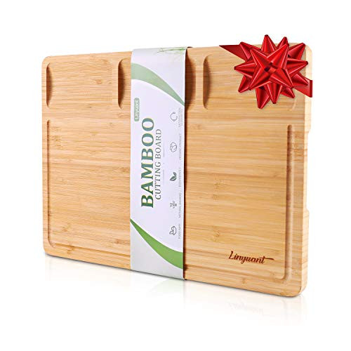 Organic Bamboo Cutting Board For Kitchen with 3 BuiltIn Compartments and Juice Grooves Wood Chopping Board For Meats Bread Fruits Butcher Block Kitchen Chopping Board