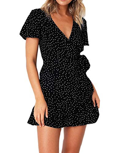 Naggoo Womens Polka Dot Ruffles Short Sleeve Wrap V Neck Chiffon Mini Dresses Black M