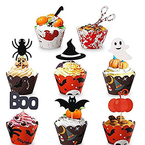 Kalolary Halloween Cupcake Toppers Wrappers 48Pcs Halloween Cake Decor with Cupcake Cups for Halloween Party Kitchen Cupcake Baking