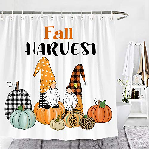 Wencal Fall Harvest Gnomes Buffalo Check Leopard Pumpkins Shower Curtain Autumn Farmhouse Bathroom Decor with Hooks 72 x 72 Inches