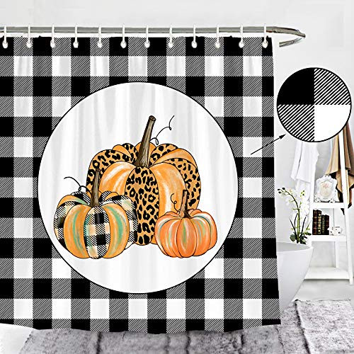 Wencal Buffalo Check Plaid Fall Pumpkins Shower Curtain Leopard Farmhouse Autumn Bathroom Decor 72 x 72 Inches