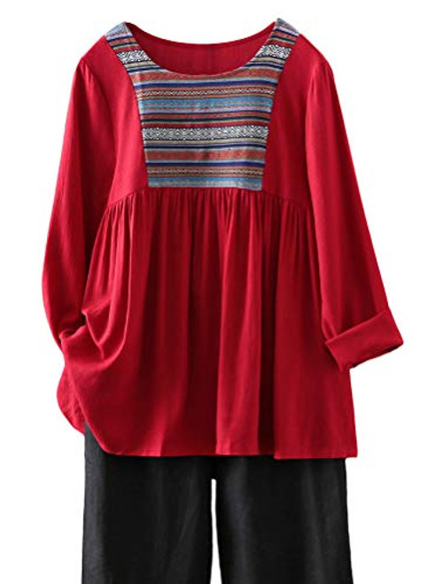 FTCayanz Womens Long Sleeve Shirts Linen Swing Pleated Tunic Tops Embroidered Blouses Red Medium