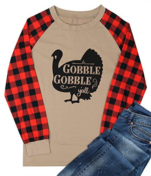 Gobble Gobble Yall Thanksgiving T Shirt Womens Turkey Graphic Plaid Splicing Long Sleeve Raglan Tops Blouse Size XXLarge Red Gobble Gobble Yall Thanksgiving T Shirt Womens Turkey Graphic Plaid Splicing Long Sleeve Raglan Tops Blouse Size XXLarge Red