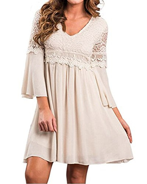 ZANZEA Womens Vintage Floral Lace V Neck 34 Bell Sleeve Cocktail Aline Swing Party Casual Mini Dress Beige S ZANZEA Womens Vintage Floral Lace V Neck 34 Bell Sleeve Cocktail Aline Swing Party Casual Mini Dress Beige S