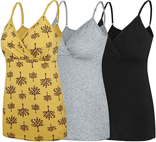 Nursing Tops Tank Shirt Cami Sleep Bra for Maternity and Breastfeeding 3PCSPack Medium BlackGreyYellow Print