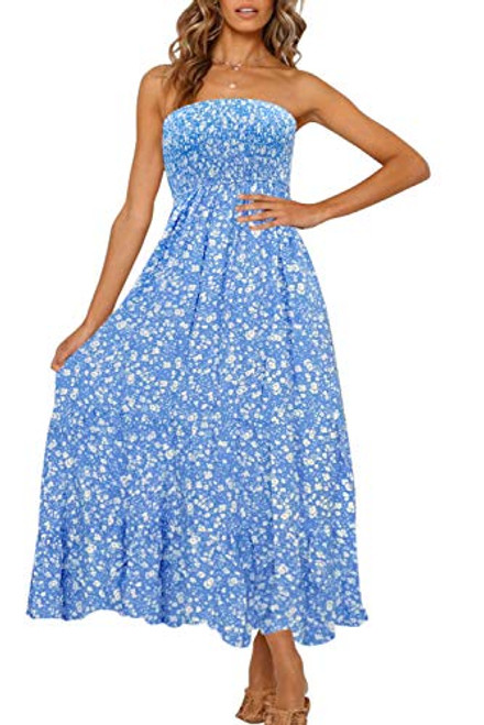 ZESICA Womens Summer Bohemian Floral Printed Strapless Beach Party Long Maxi Dress Blue