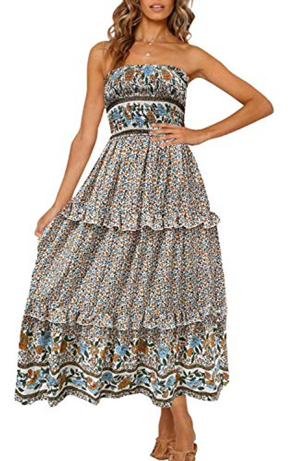 ZESICA Womens Summer Bohemian Floral Printed Strapless Beach Party Long Maxi Dress Cream