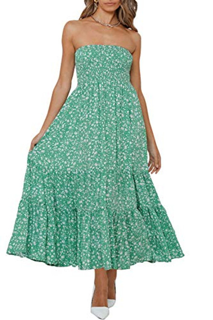 ZESICA Womens Summer Bohemian Floral Printed Strapless Beach Party Long Maxi Dress Green