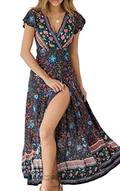 ZESICA Womens Bohemian Floral Printed Wrap V Neck Short Sleeve Split Beach Party Maxi Dress Navy