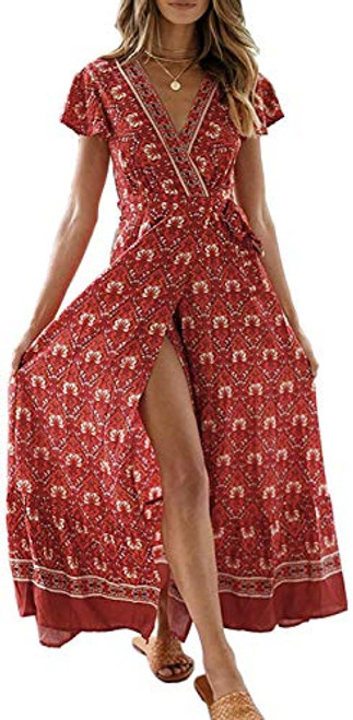 ZESICA Womens Bohemian Floral Printed Wrap V Neck Short Sleeve Split Beach Party Maxi Dress