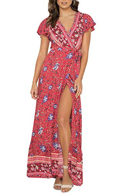 ZESICA Womens Bohemian Floral Printed Wrap V Neck Short Sleeve Split Beach Party Maxi Dress Red