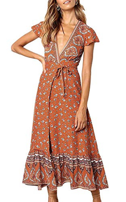 ZESICA Womens Bohemian Floral Printed Wrap V Neck Short Sleeve Split Beach Party Maxi Dress Tangerine