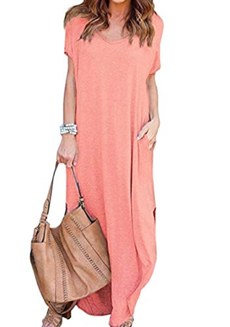 ZICUE Womens Short Sleeve Summer Maxi Dress V Neck Beach Long Dress Plus Size Pink 3X