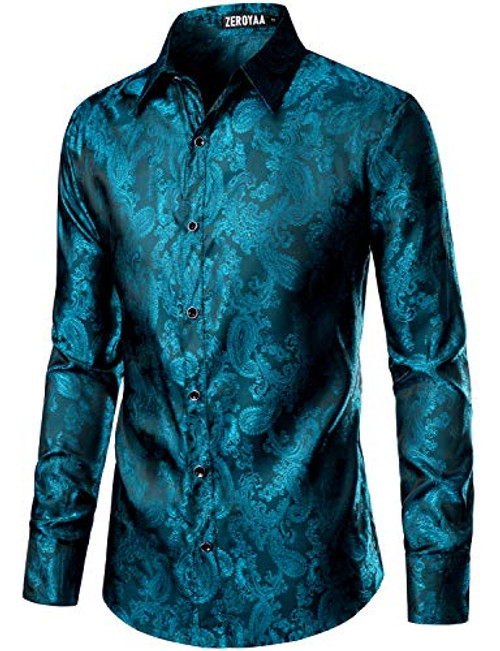 ZEROYAA Mens Paisley Jacquard Slim Fit Long Sleeve Button Up Dress Shirt for Party Prom ZLCL28Turquoise Large