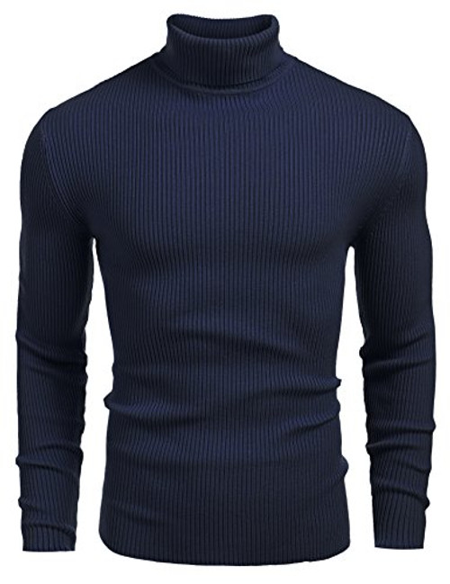 Coofandy Mens Ribbed Slim Fit Knitted Pullover Turtleneck SweaterLargeSapphire