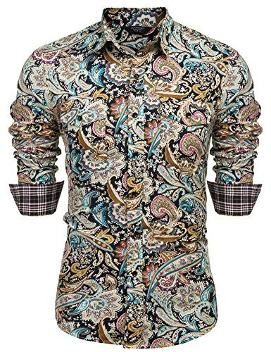 COOFANDY Mens Floral Dress Shirt Slim Fit Casual Paisley Printed Shirt Long Sleeve Button Down ShirtsYellowMedium