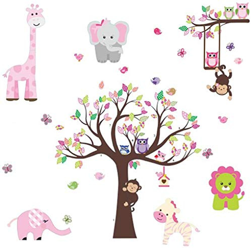Amaonm Jungle Animal and Tree Wall Decals Removeable DIY Flower Lion Giraffe Owls Wall Sticker Peel and Stick Wall Decor for Nursery Kids Room Bedroom Living Room B