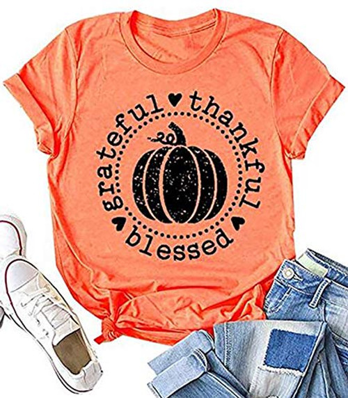 Grateful Thankful Blessed Thanksgiving T Shirt Women Cute Pumpkin Graphic Print Short Sleeve Fall Tee Tops Orange