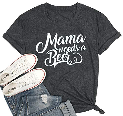 EGELEXY Mama Need A Beer Short Sleeve T Shirt Letter Print Graphic Mom Casual Summer Tees Tops Medium Grey